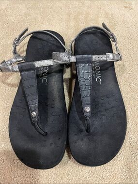 Vionic Black Sandals with Silver Metallic Straps